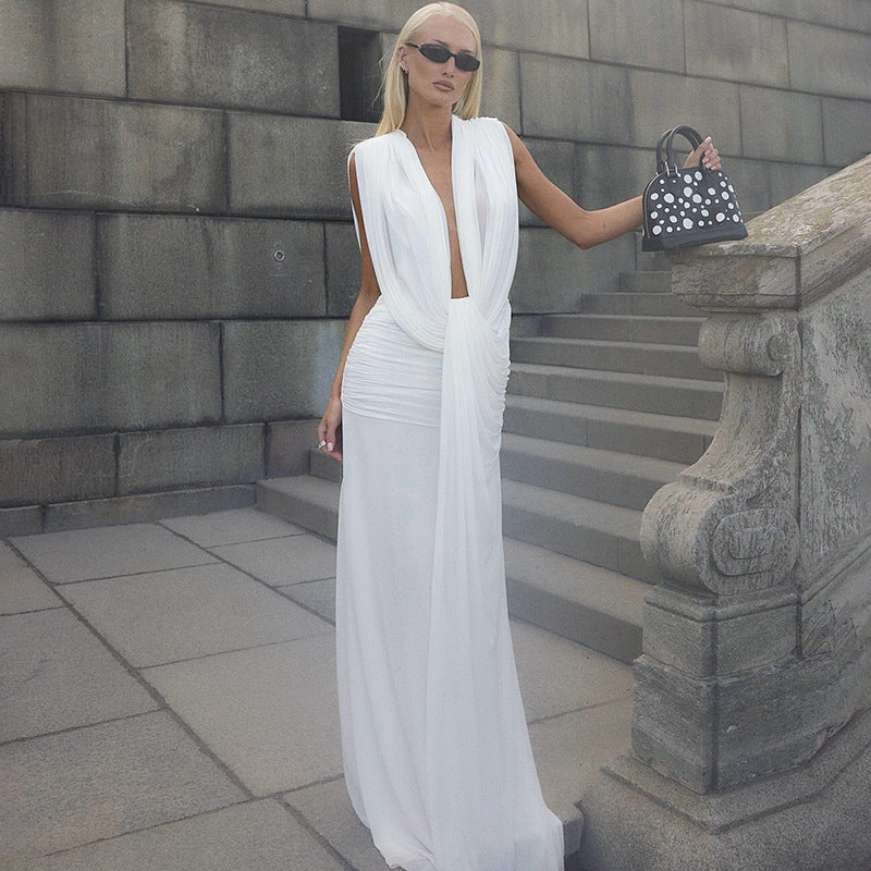 Summer Women Clothing Sexy Deep V Plunge neck High Waist Sheath Solid Color Dress Women Bella Mia