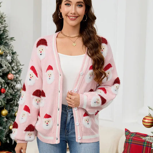 Women Casual Santa Claus Brocade Sweater Cardigan Autumn Winter Christmas Sweater Bella Mia