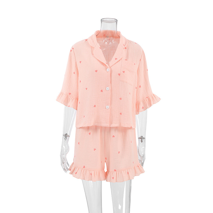 Summer Women Pajamas Crepe Cotton Heart Printing Short Sleeved Shorts Two Piece Home Wear Bella Mia