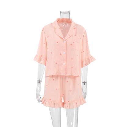 Summer Women Pajamas Crepe Cotton Heart Printing Short Sleeved Shorts Two Piece Home Wear