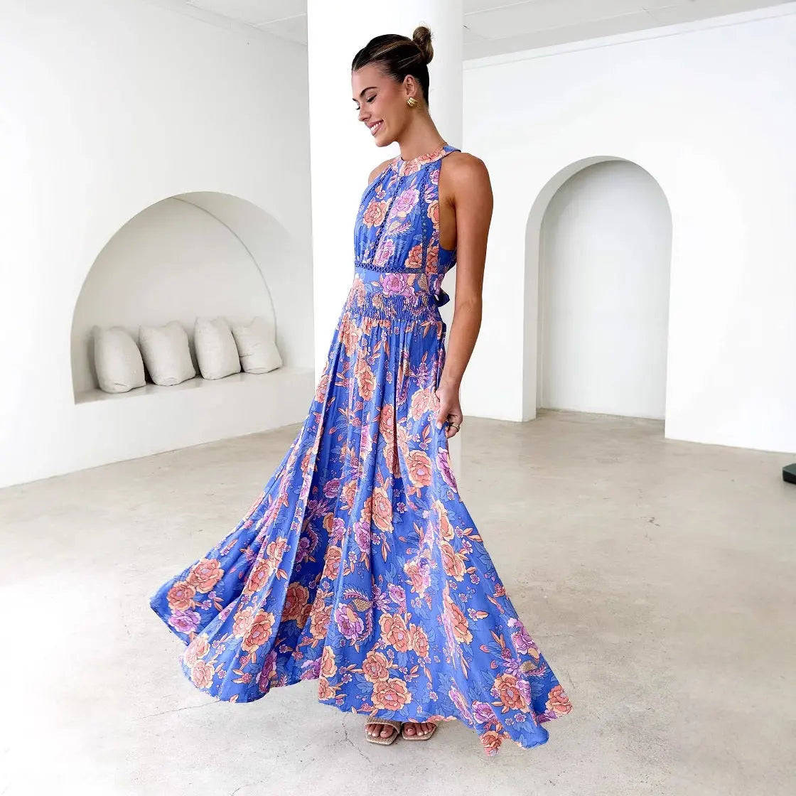 Printed Halter Beach Bohemian High Waist Backless Floral Maxi Dress For Women Bella Mia