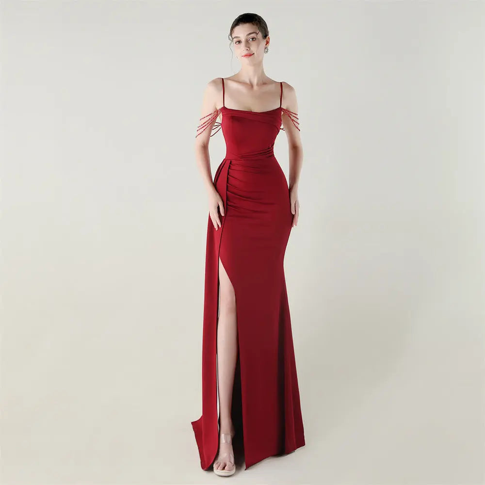 Bandeau Sling Satin Craft Beaded Chain Fishtail Evening Dress Dinner Wedding Ball Bella Mia