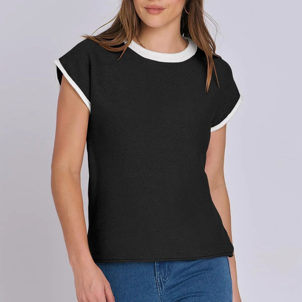 Women Clothing Summer round Neck Knitted Top Casual Striped Contrast Color Sweater Bella Mia