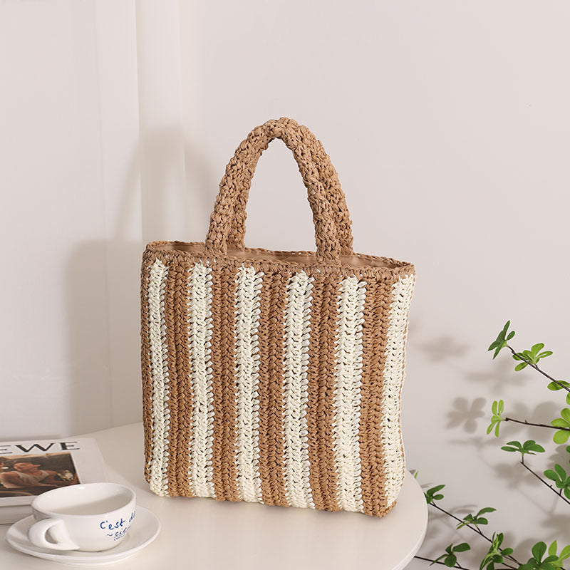 Vertical Stripes French Straw Bag Portable Contrast Color Straw Bag Woven Bag Women's Bag Seaside Vacation Beach Bag Bella Mia