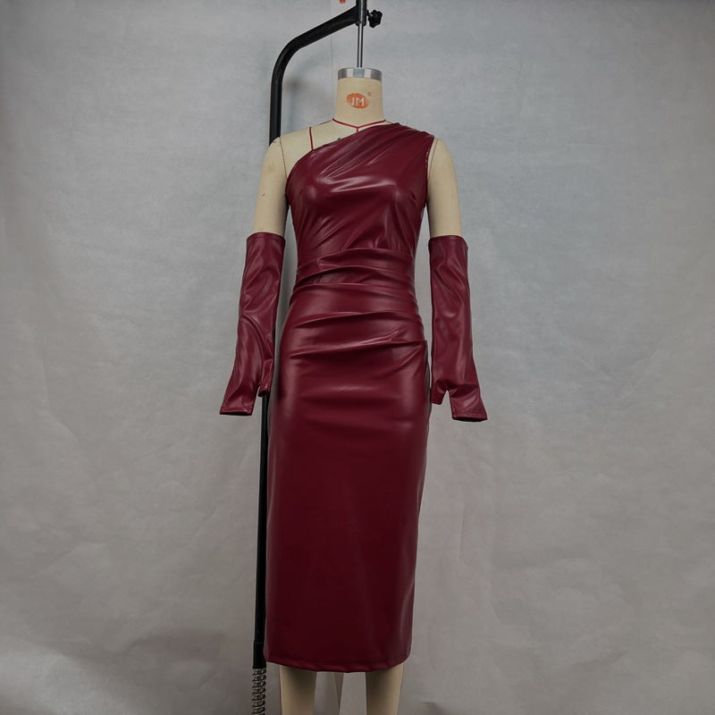 Crossbody Leather Dress Women Clothing Tight Wrapped Chest Pleated Sexy Sheath Split Dress Bella Mia