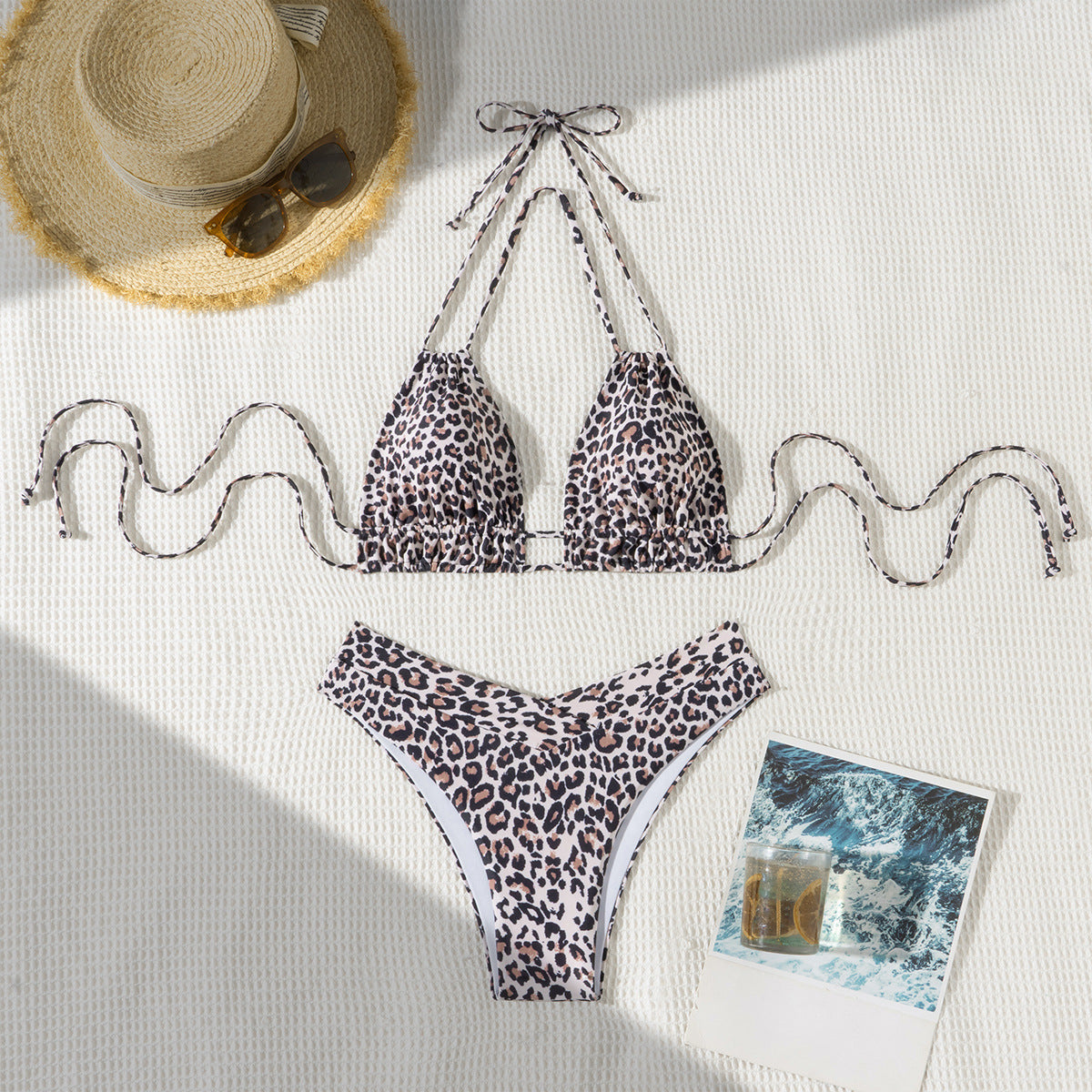 Solid Color Lace Up Adjustable Halter Top Sexy V Shaped Bottom Bikini Bella Mia