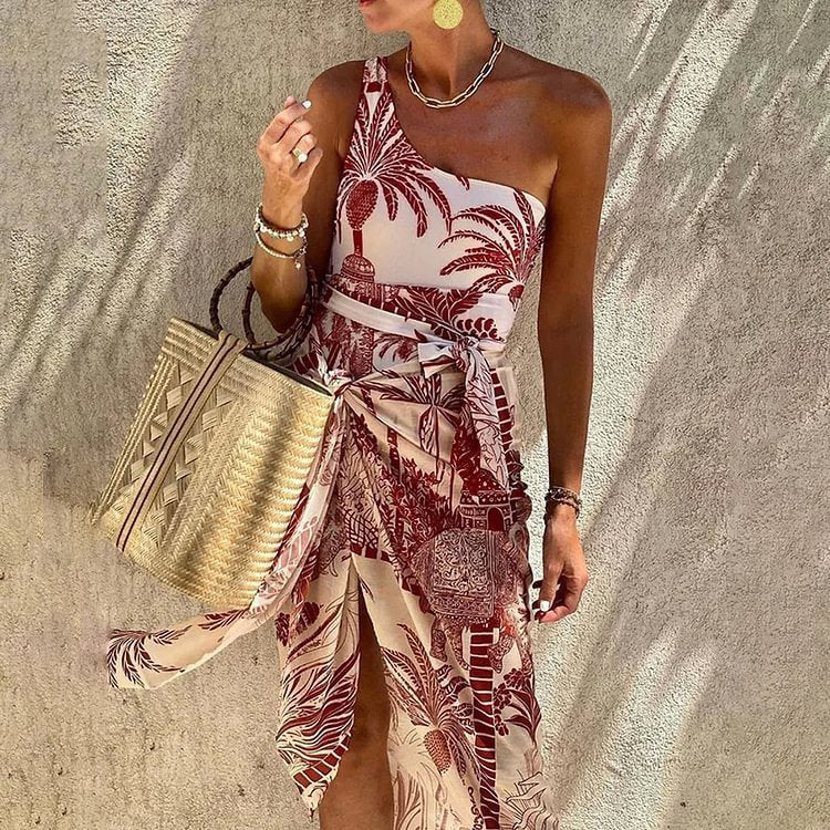 Slant Shoulder Slimming Printed Belt One Piece Swimsuit Women Clothing Bella Mia