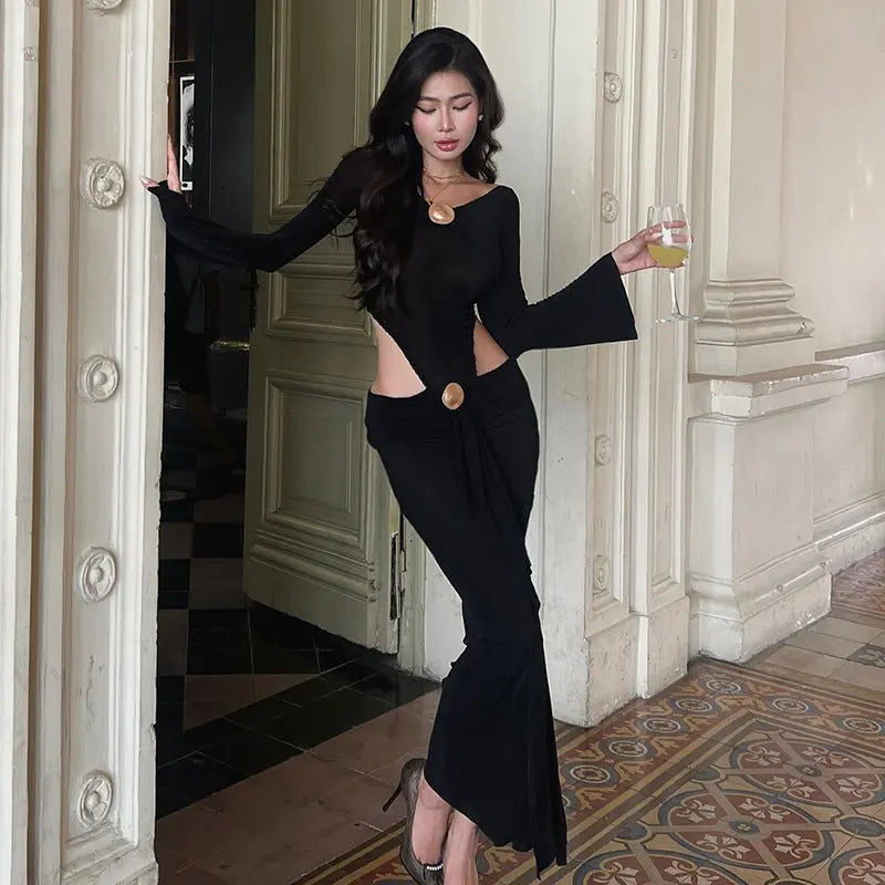 Graceful Women Metal Decorative Long Sleeved Jumpsuit Split Skirt Long Skirt Hollow Out Cutout out Cropped Two Piece Set Bella Mia