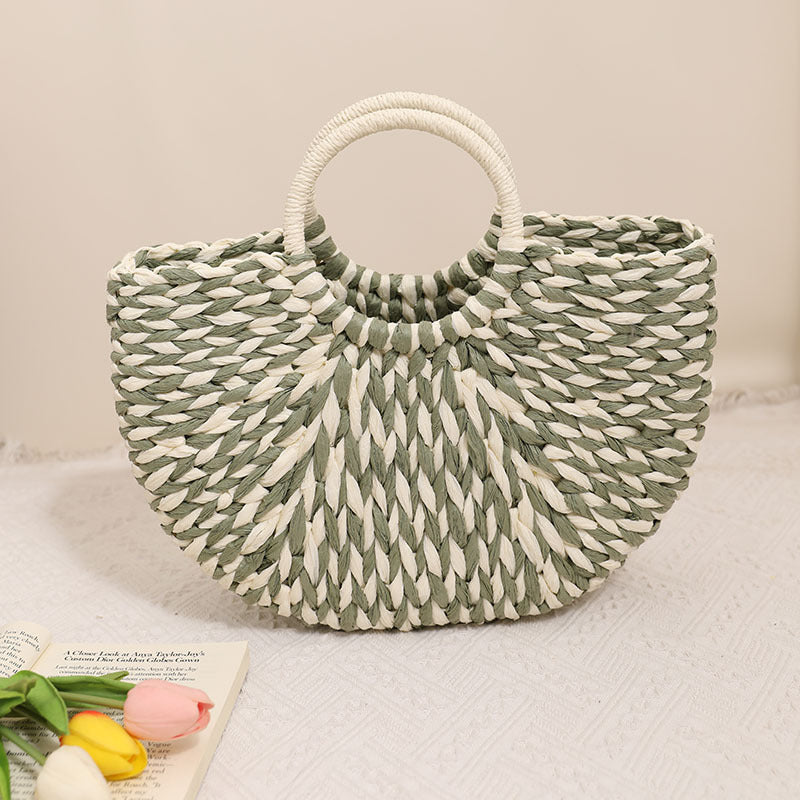 Niche Semicircle Portable Straw Weaved Bag Retro Color Hand Carrying Straw Bag Woven Bag Women Seaside Vacation Beach Bag Bella Mia