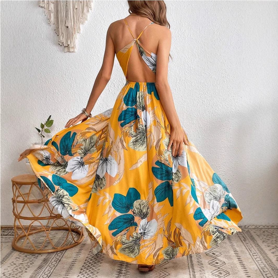 Real Shot Tropical Printing Thigh Fork Sling Dress Bella Mia