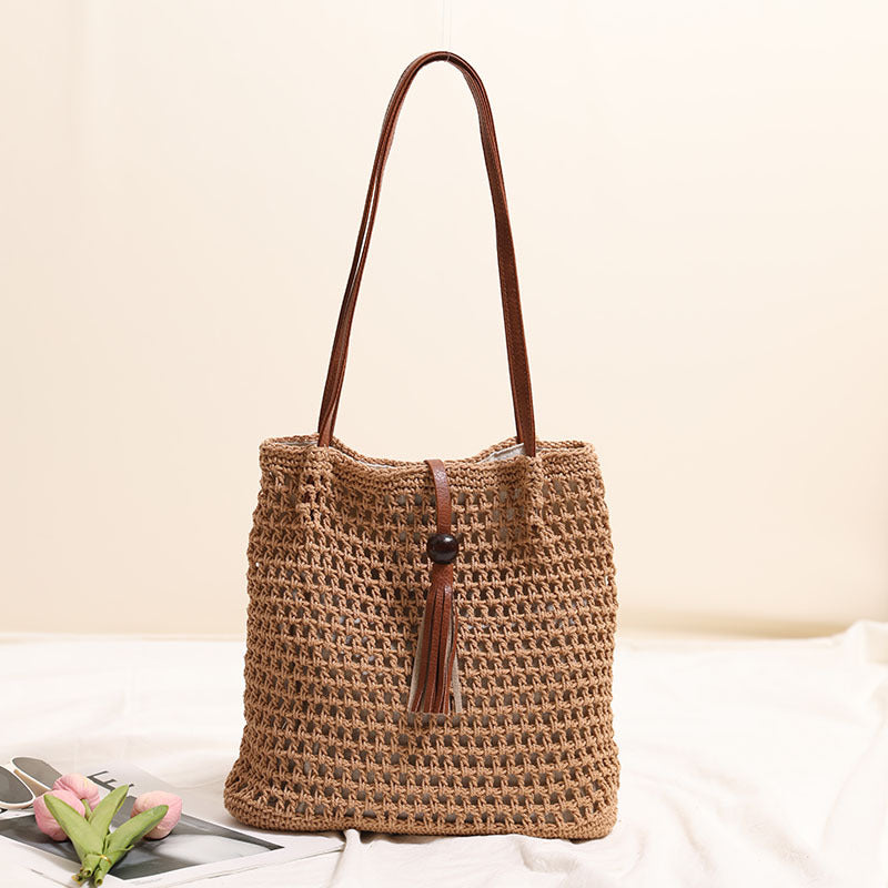 Pleated Shoulder Cotton Thread Woven Bag Tassel Straw Bag Vacation Beach Bag Women Bag Bella Mia