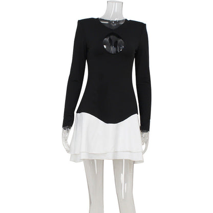 Sexy Women Chest Hollow Out Cutout out Long Sleeve Color Matching Slim Slimming Sexy Dress Women