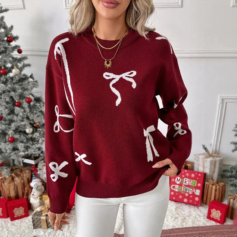 Women Elegant Bowknot Jacquard Jersey Crew Neck Sweater Fall Winter Bella Mia