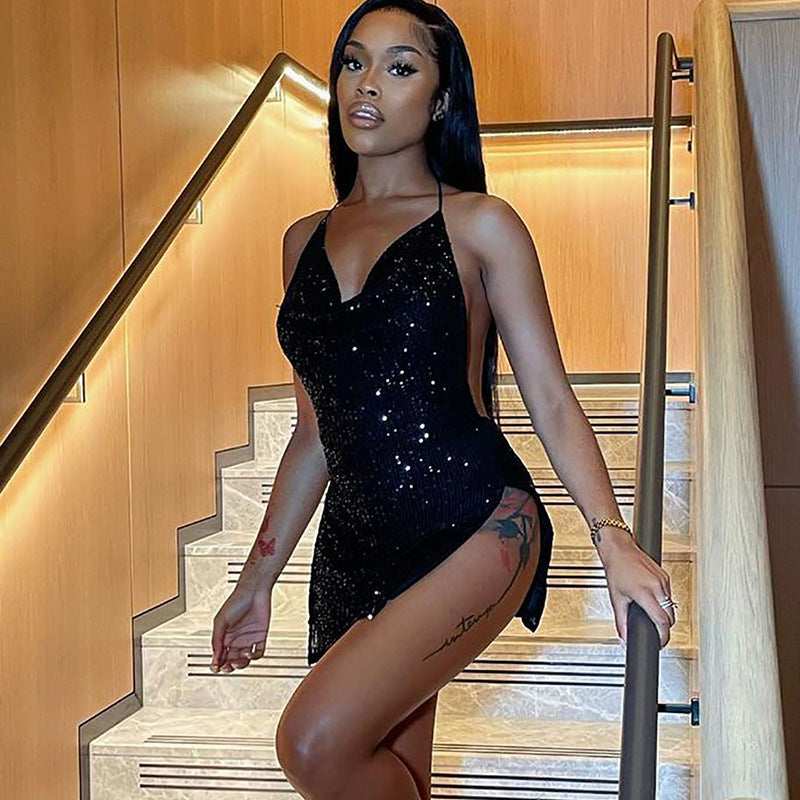 Fried Street Sexy Backless Hollow Out Cutout out Halter Slimming Short Women Dress Bella Mia