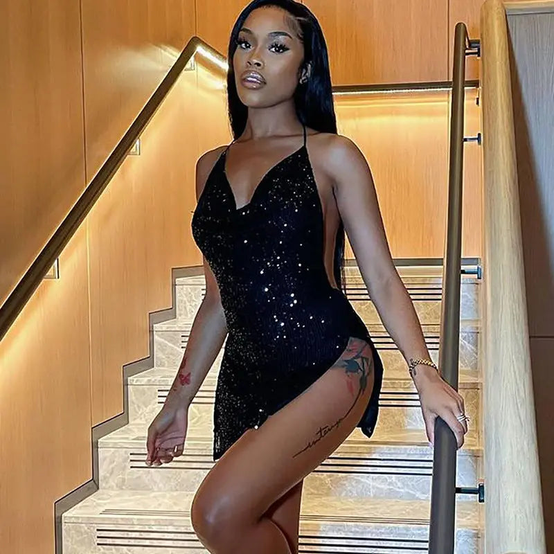 Fried Street Sexy Backless Hollow Out Cutout out Halter Slimming Short Women Dress Bella Mia