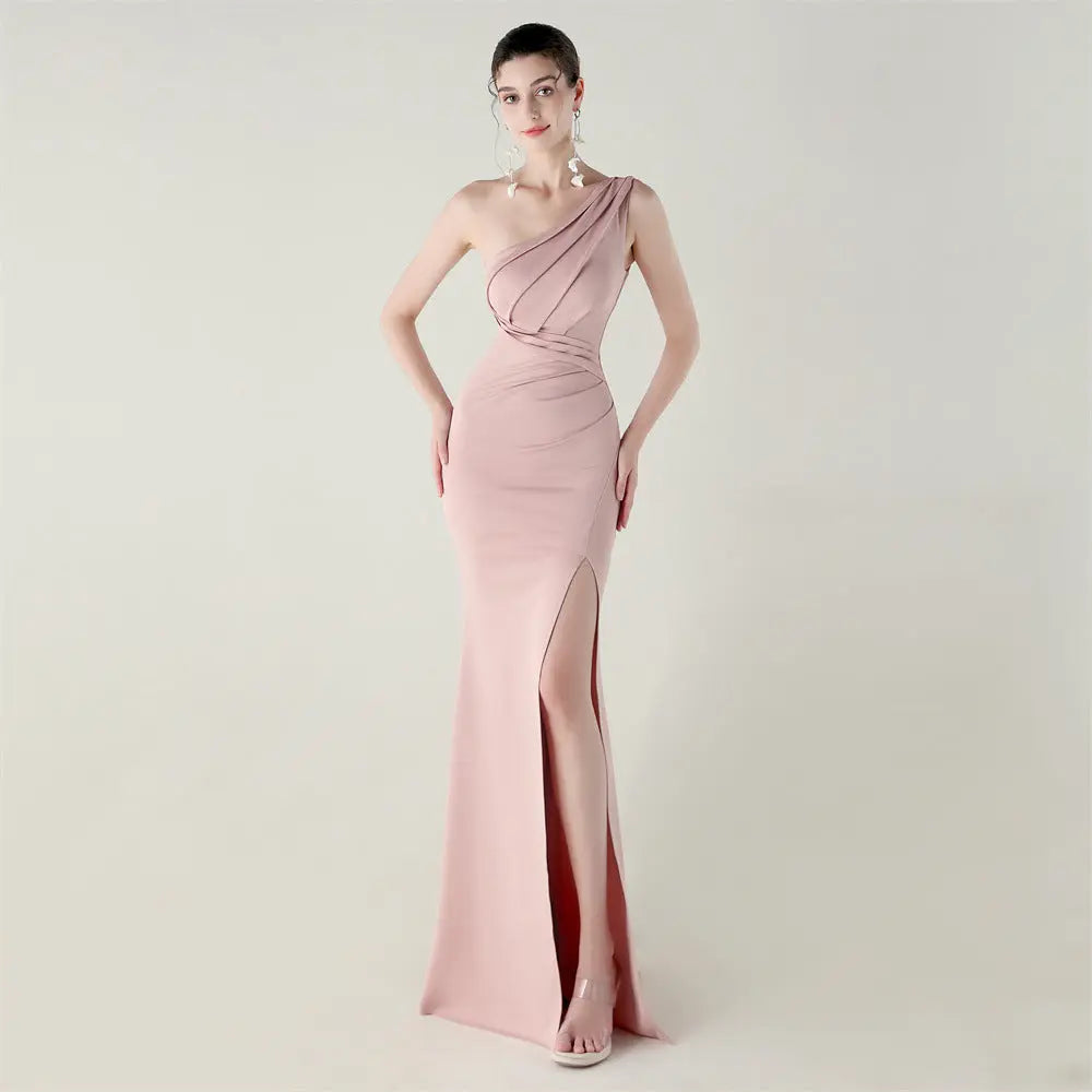 One Shoulder Slim Fit Satin Folding High Slit Sexy Evening Dress Fishtail Dress Dinner Wedding Social Networking Bella Mia