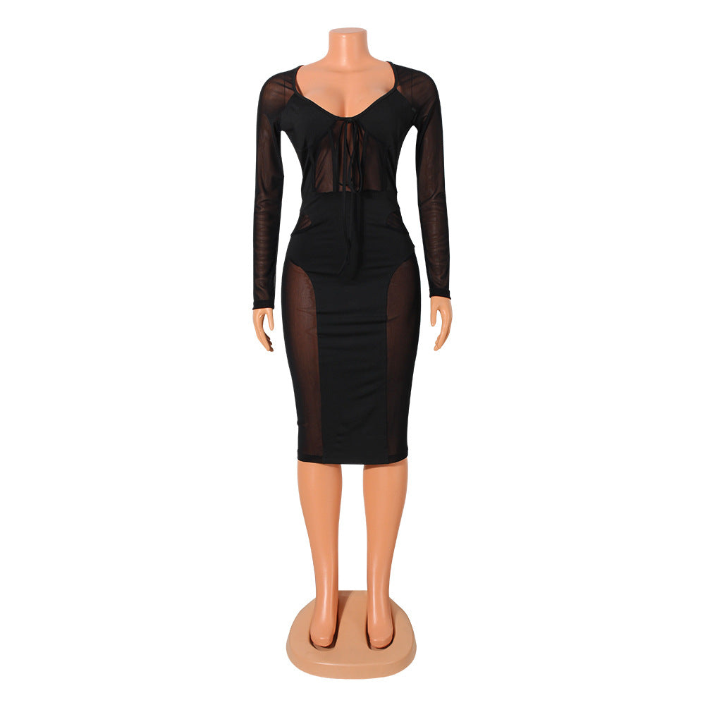 Women Clothing Sexy Mesh Stitching See through Tied Dress Women Bella Mia