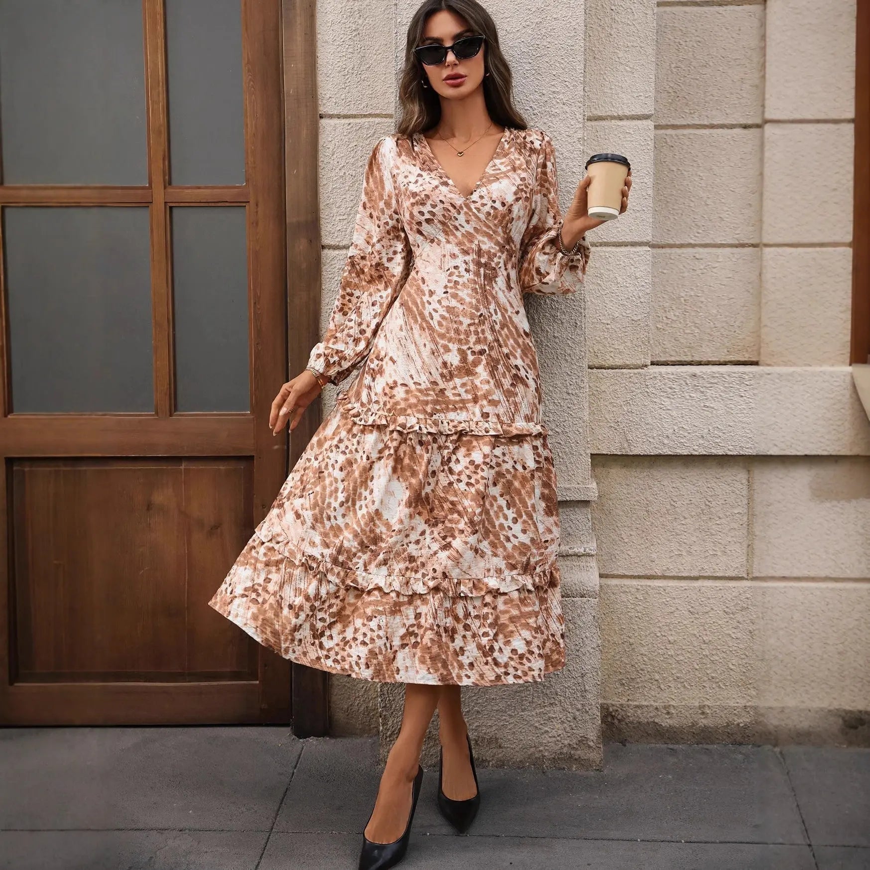 Autumn French V Neck Long Sleeve Split Print Maxi Dress With Ruffle Bella Mia