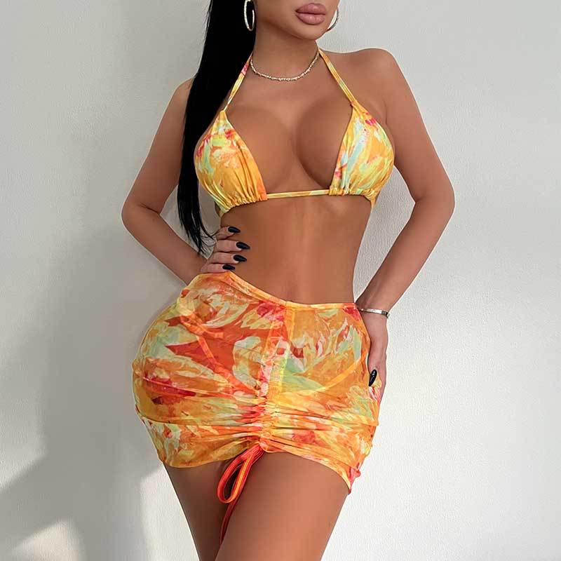 Swimsuit Three Piece Set Printed Sexy Lace Up Bikini Hip Skirt Bikini Swimsuit Bella Mia