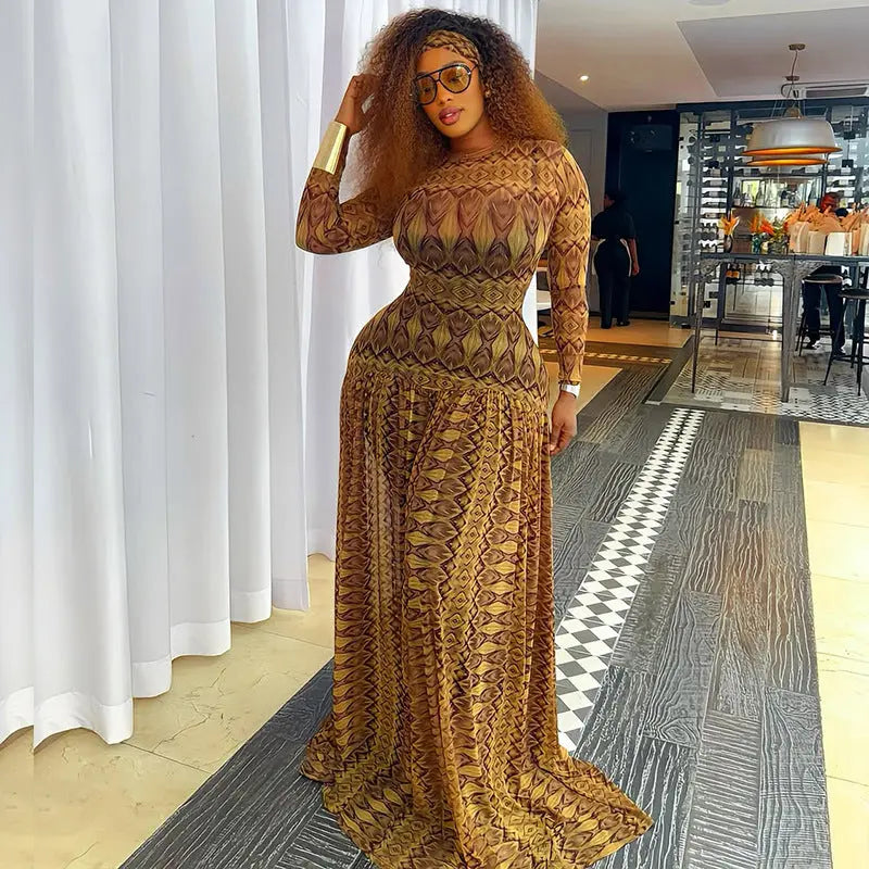 Elegant Retro Waist Slimming A Line Maxi Dress With Printed Pattern Long Sleeves Bella Mia