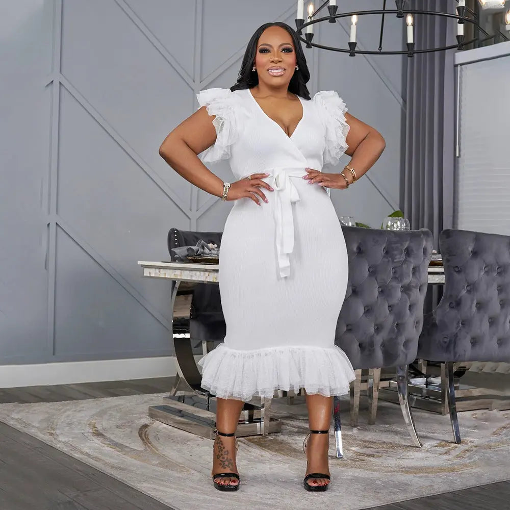 Sexy V neck Solid Color Dress Mesh Pleated Slim Fit Hip Dress Bella Mia