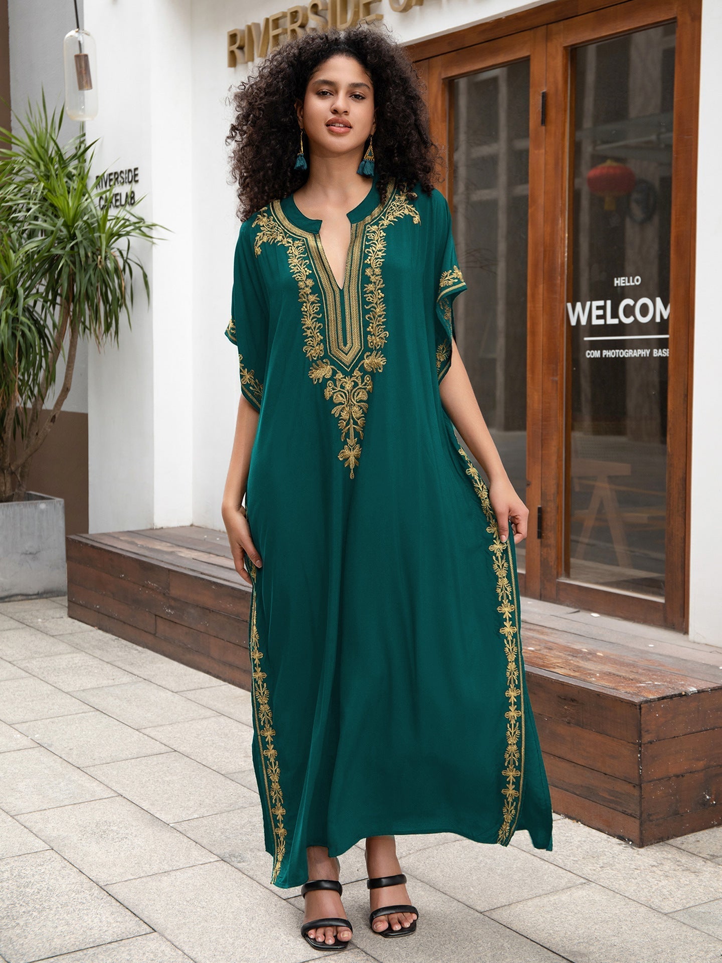 Rayon Embroidered Holiday Loose Jumpsuit Long Robe Beach Sun Protection Maxi Dress Beach Cover Up Bella Mia