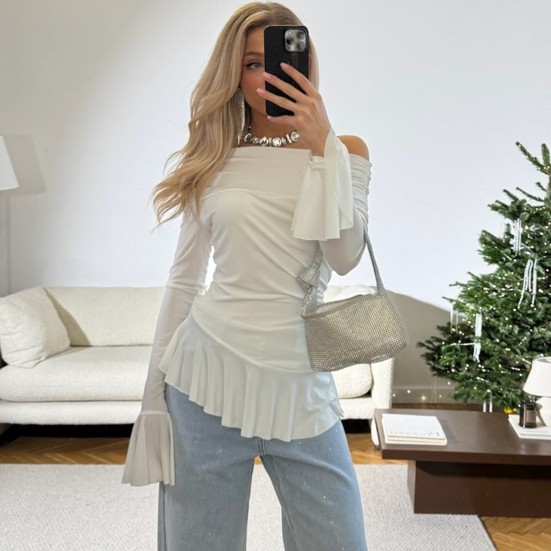 Women Clothing Spring Summer off Shoulder Bell Sleeve Long Sleeved Fitted T shirt Top Women Bella Mia