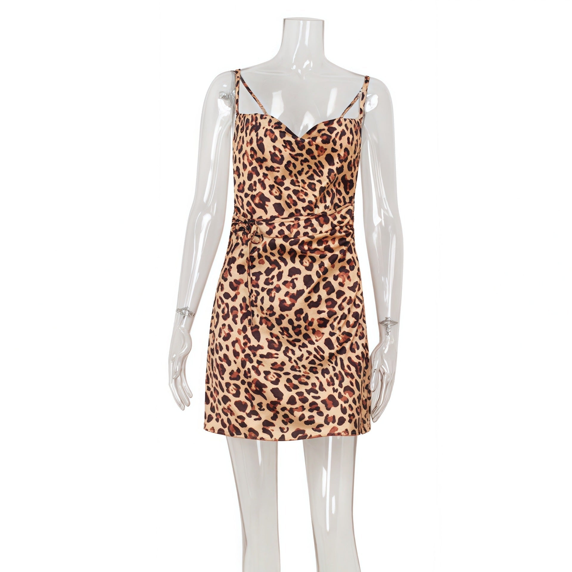 Sexy Women Clothing Leopard Print Swing Collar Backless Slim Fit Vacation Sling Dress Bella Mia