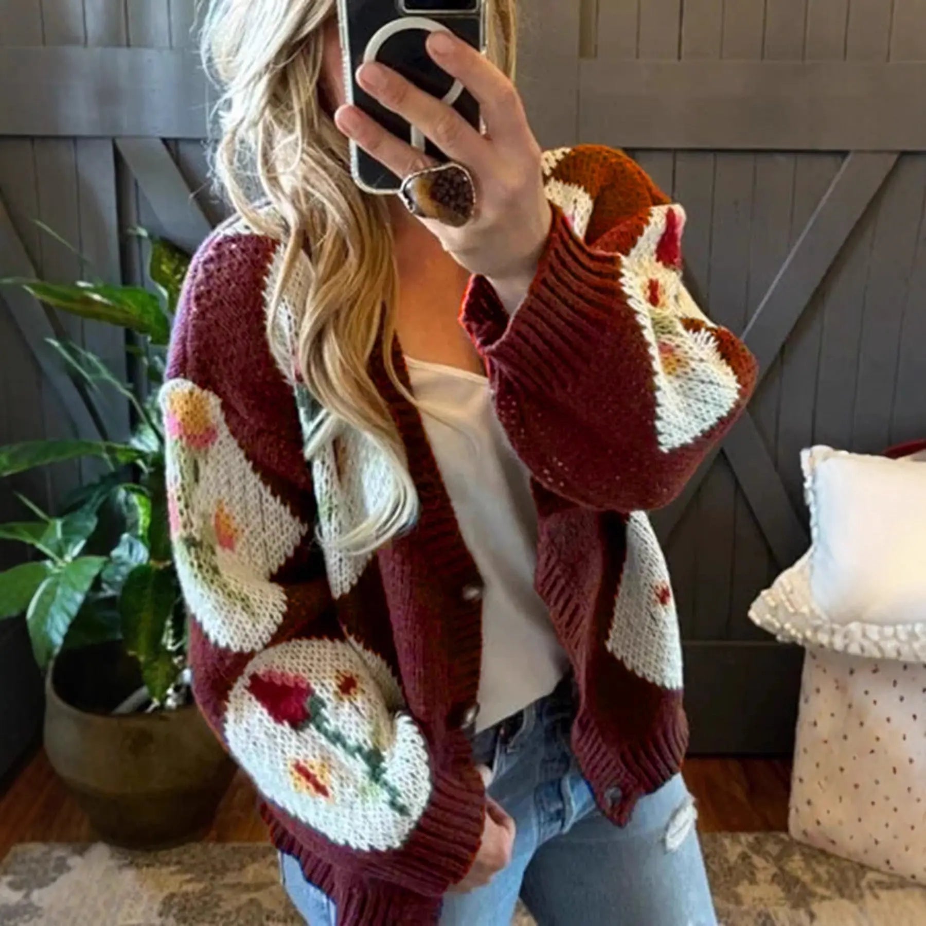 Contrast Color Floral Jacquard Single Breasted Women Autumn/Winter Casual Knitted Sweater Coat Bella Mia
