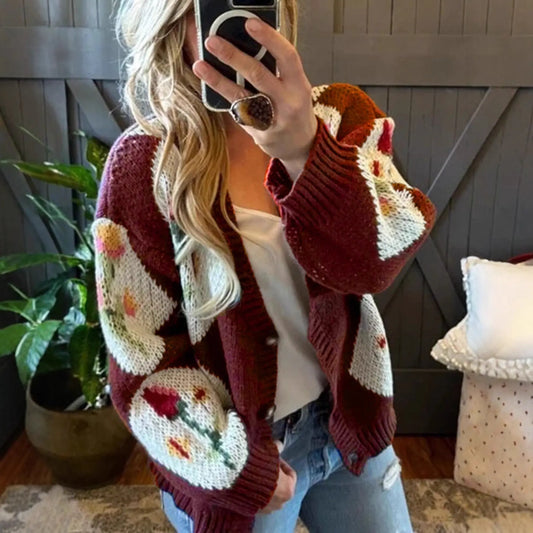 Contrast Color Floral Jacquard Single Breasted Women Autumn/Winter Casual Knitted Sweater Coat Bella Mia