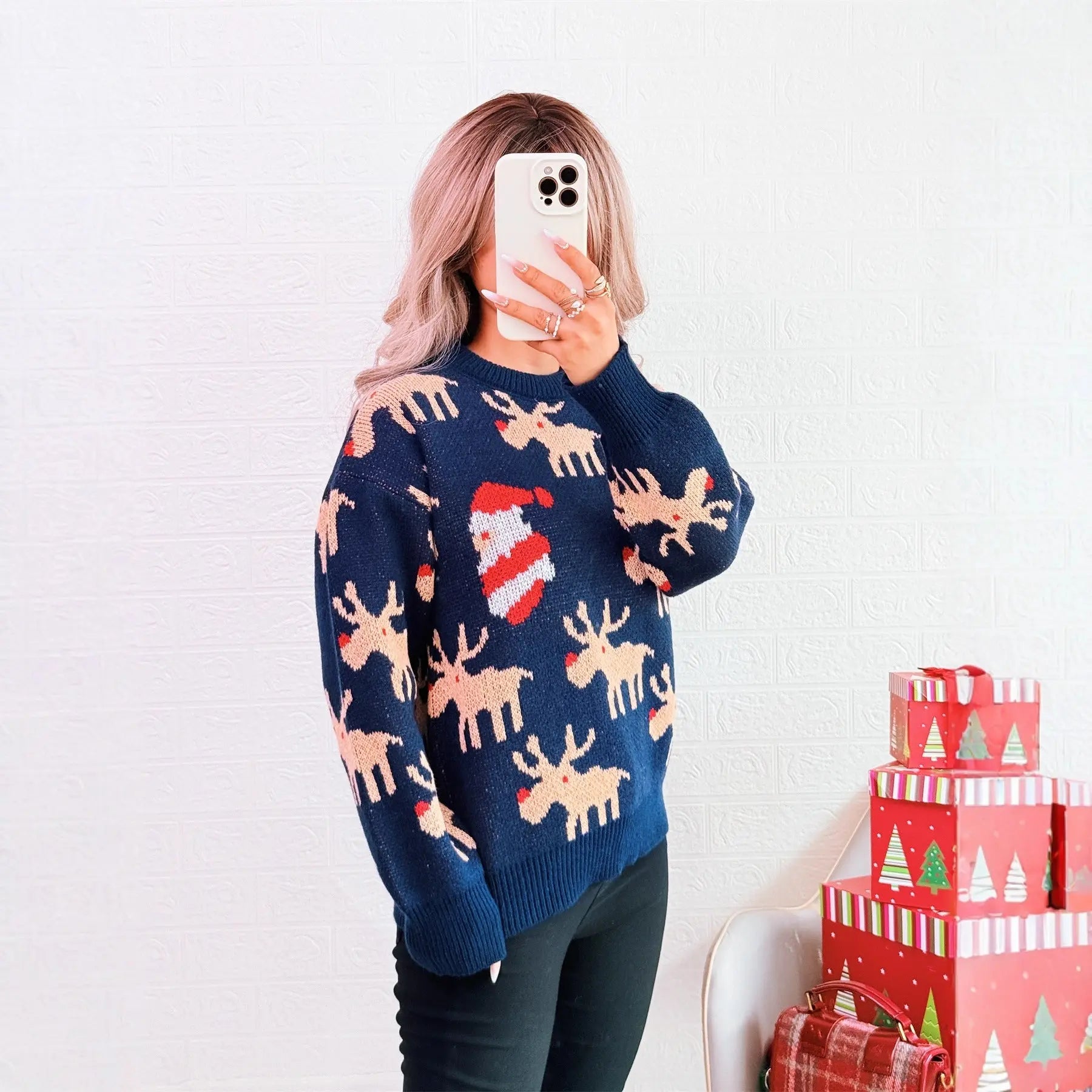 Christmas Contrast Color Deer Jacquard Knitted Sweater Crew Neck Casual Bella Mia