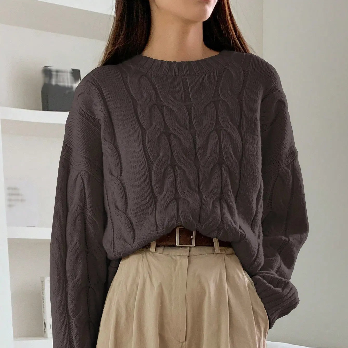 Casual Women Loose Cable Knit Sweater Crew Neck Pullover Autumn Winter Bella Mia