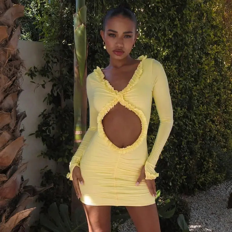 Women Clothing Autumn Solid Color Hollow Out Cutout Out Cropped Lace Sheath Dress Women Bella Mia