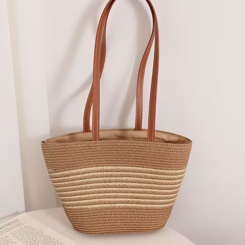 Striped Shoulder Straw Bag Woven Bag Summer Large Capacity Casual All Match Women Seaside Beach Rattan Woven Bag Bella Mia