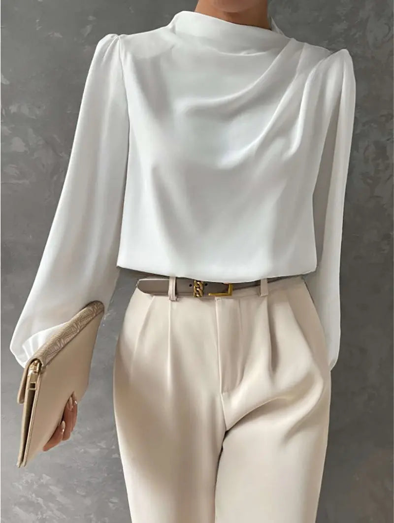 Solid Color Pleated Women Shirt Elegant Pullover Satin Top Office Long Sleeve Top Bella Mia