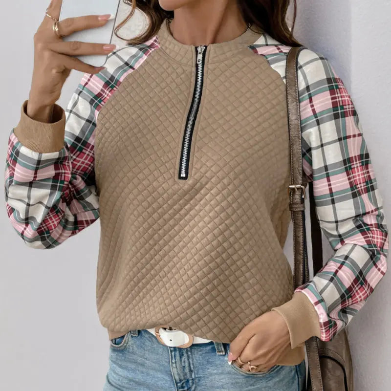 Casual Retro Cardigan Zipper Plaid Stitching Diamond Patterns Fabric Sweatshirts Bella Mia