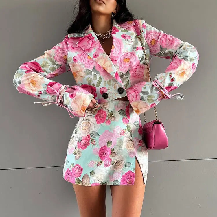 Women Clothing Digital Printing Skirt Collared Long Sleeve Top High Waist Short Skirt Two Piece Sets Bella Mia