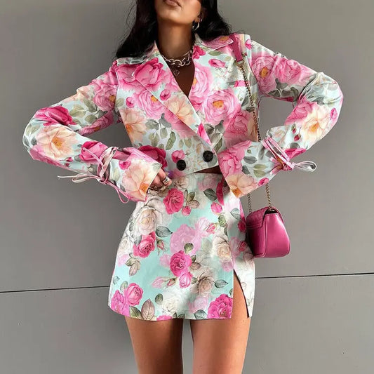 Women Clothing Digital Printing Skirt Collared Long Sleeve Top High Waist Short Skirt Two Piece Sets Bella Mia