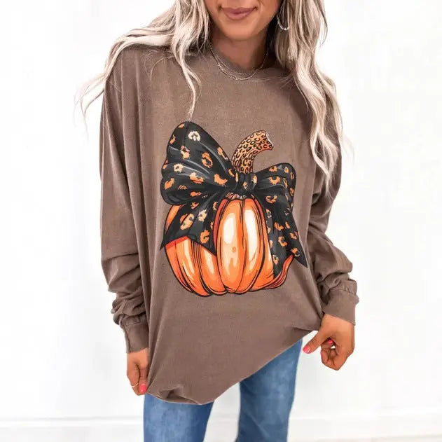 Ladies Summer Halloween Pumpkin Leopard Bow Printed Sweatshirts Bella Mia