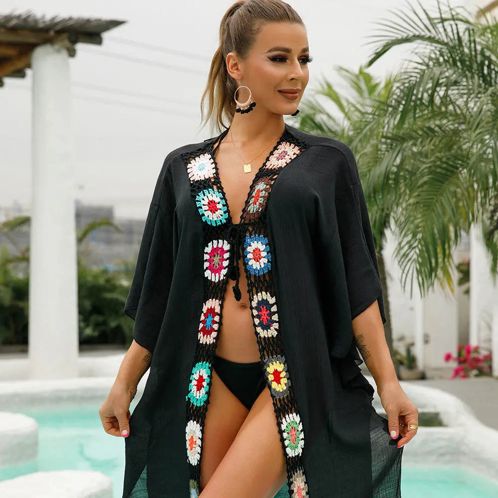 Boho Floral Crochet Beach Cardigan One Size Women Sun Protective Bella Mia