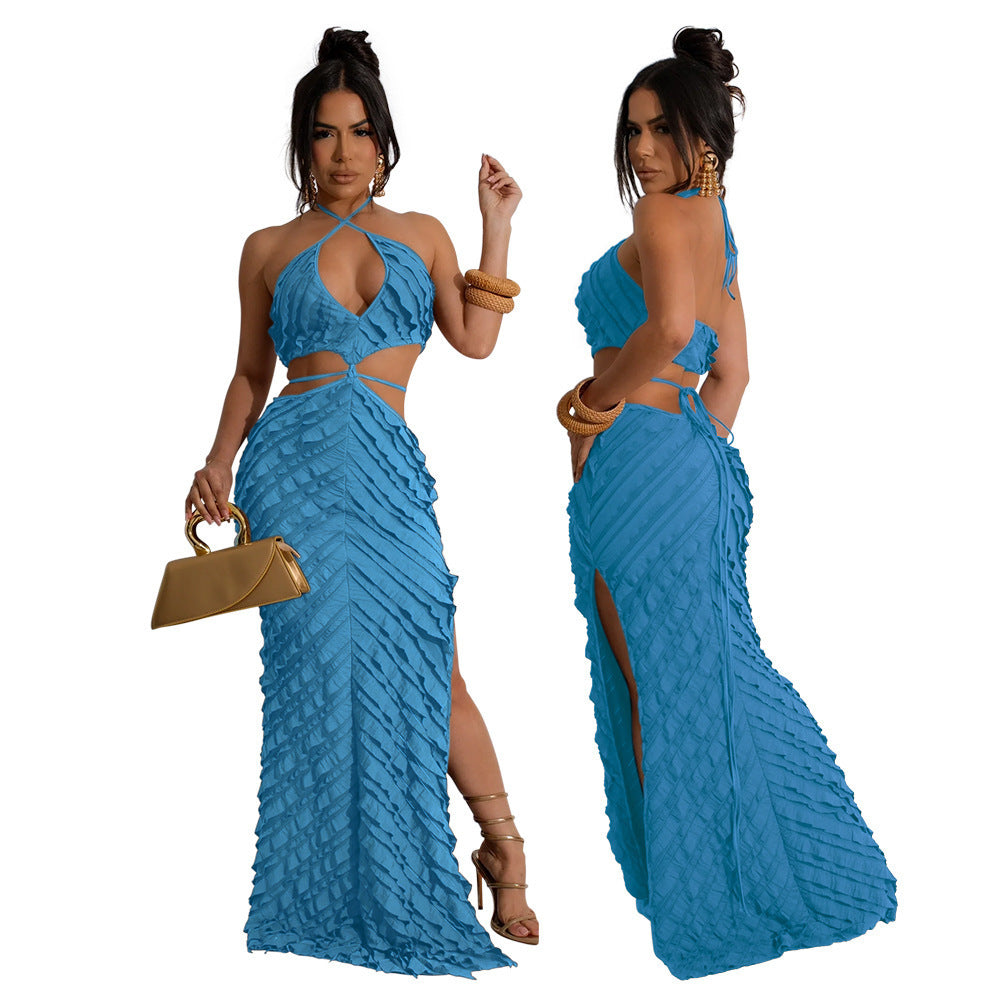 Women Clothing Small Louver Sexy Halter Lace Up Slim Fit Hollow Out Cutout Dress Bella Mia