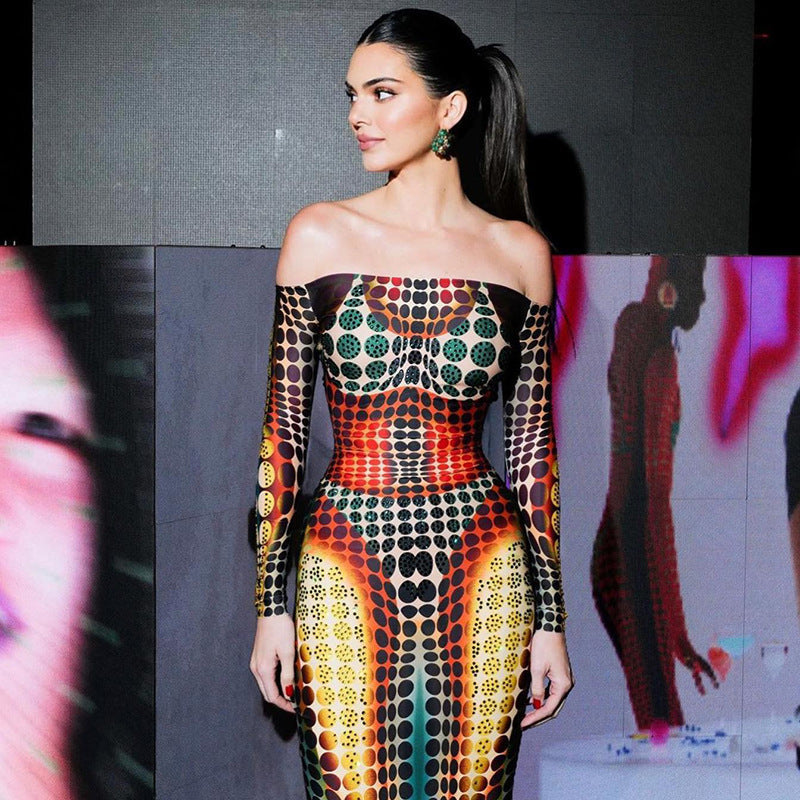 Spring Women Clothing Featured Faux off Neck Stitching Long Sleeve Slim Expansion Dress Bella Mia