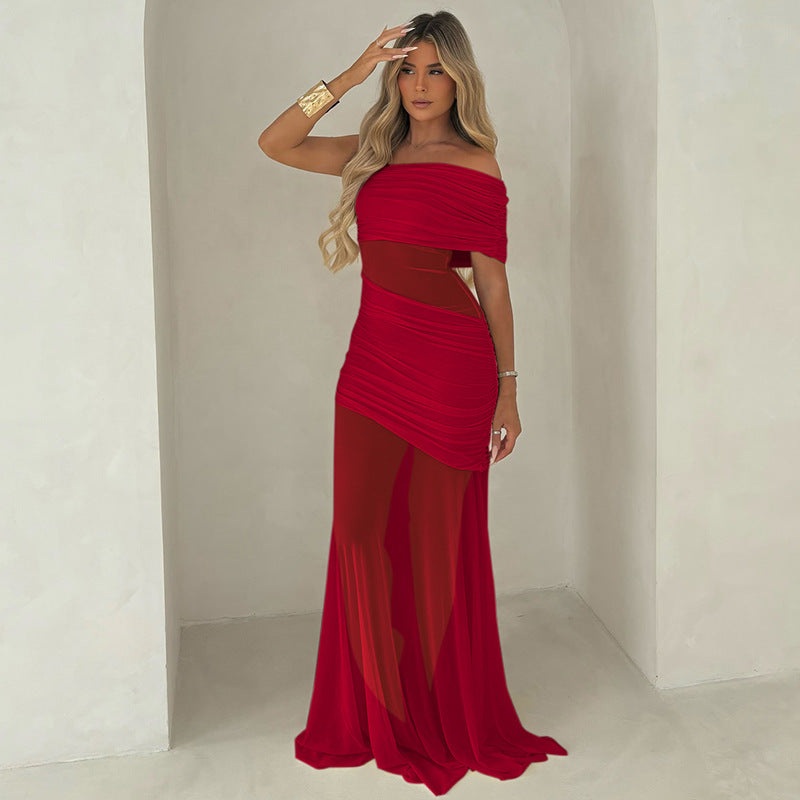 Women Clothing Summer off Neck Mesh Stitching Sexy Slim Fit Pleated Dress Bella Mia