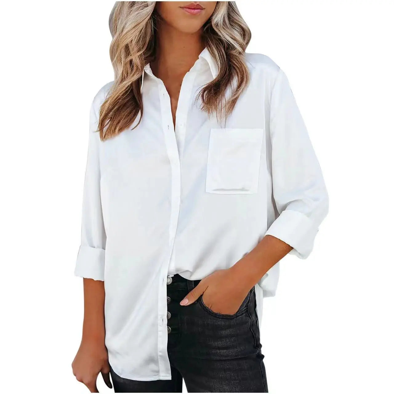 Solid Color Satin Office Shirt Long Sleeve Collared Pocket Bella Mia