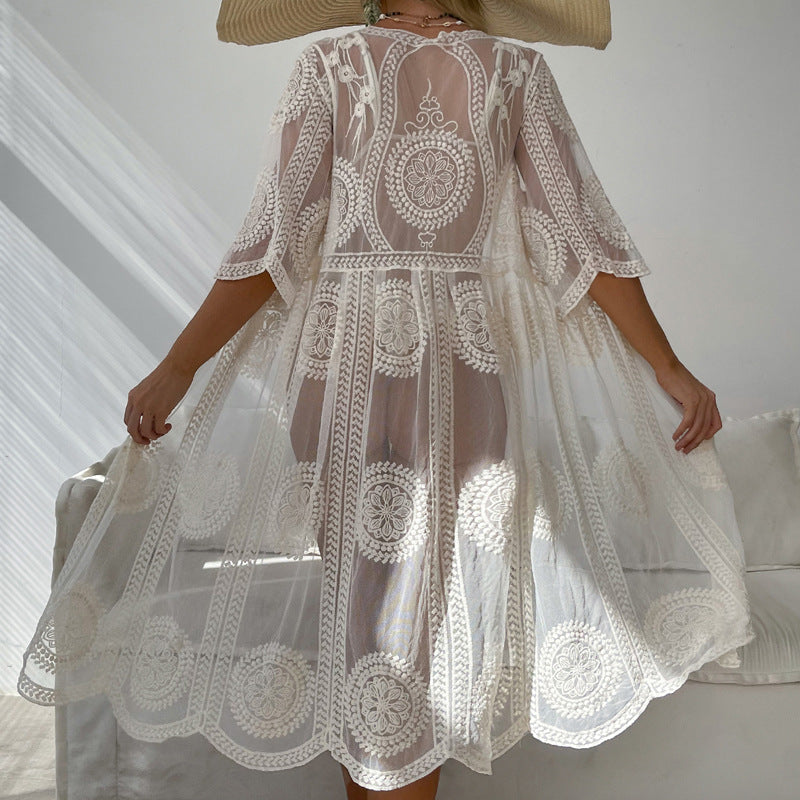 Beach Sun Protection Women Lace Mid Length Cardigan Sexy See Through Beach Bikini Cover up Blouse