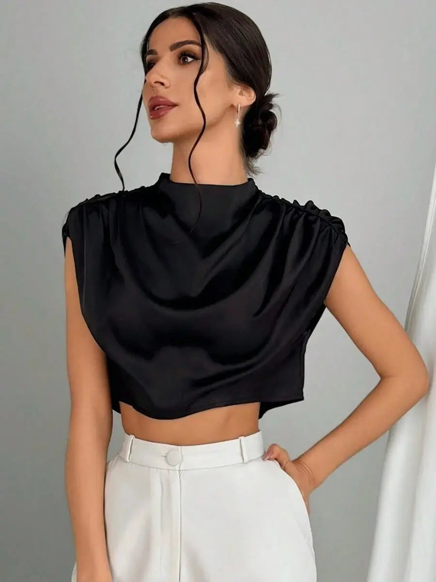 Women Clothing Pleated Batwing Sleeve Satin Shirt Stand Alone Satin Artificial Silk Short Top Bella Mia