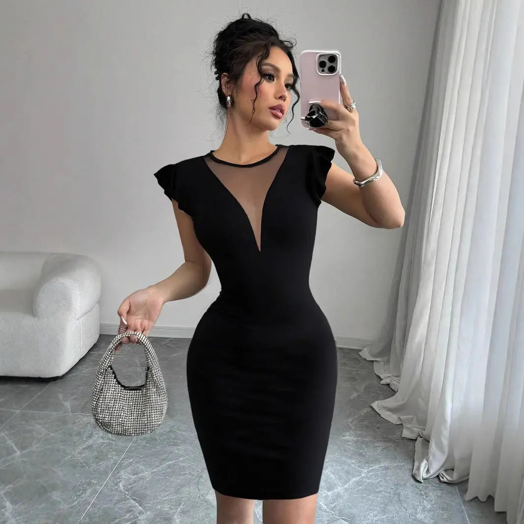 Solid Color Crew Neck Flutter Sleeve Bodycon Dress For Women Summer Knee Length Bella Mia