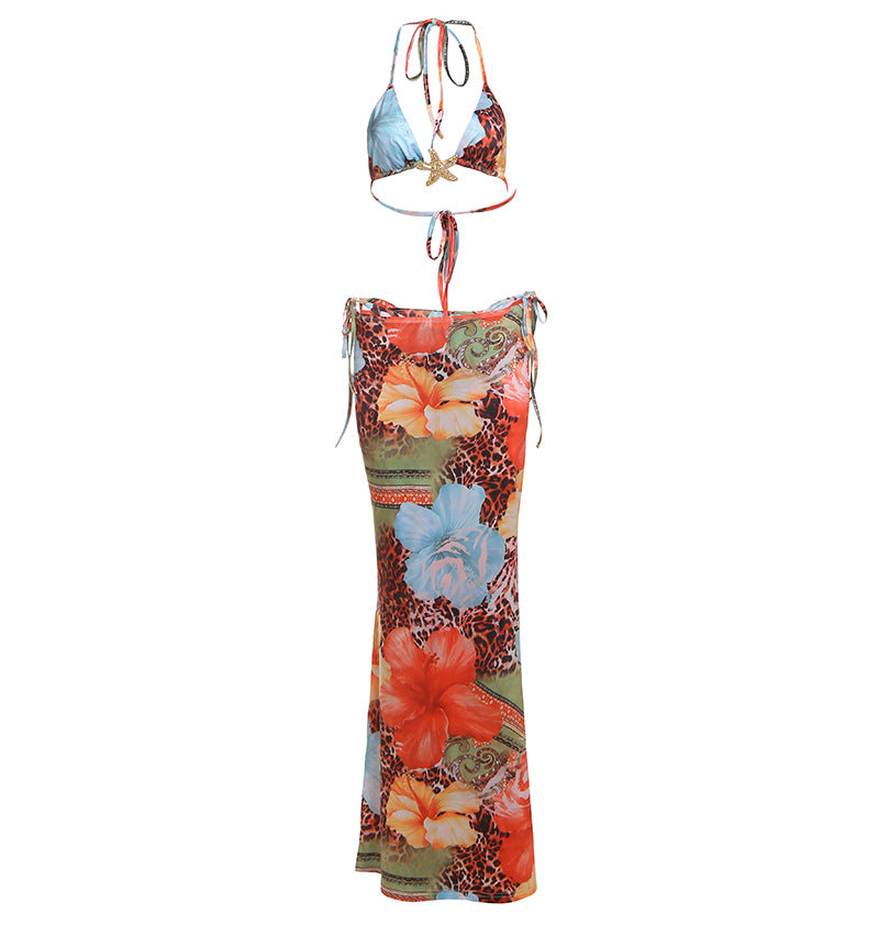 Spring Women Sexy Cropped Lace up Printed Bikini Three Piece Sets Bella Mia