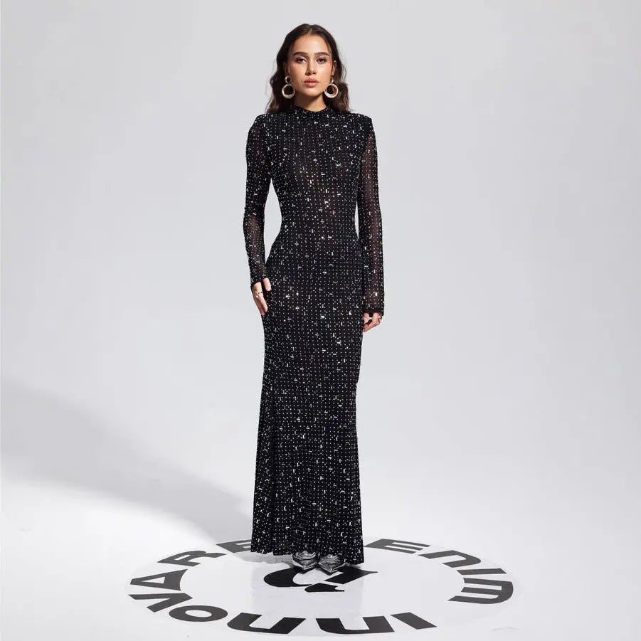 Black Rhinestone Polyester Bodycon Maxi Dress With Long Sleeves And Zipper Bella Mia