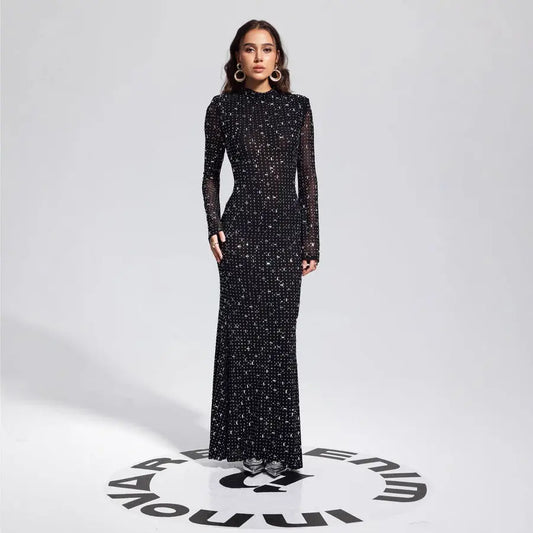 Black Rhinestone Polyester Bodycon Maxi Dress With Long Sleeves And Zipper Bella Mia